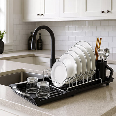 Etendoir a vaisselle noir assiette blanc verre
